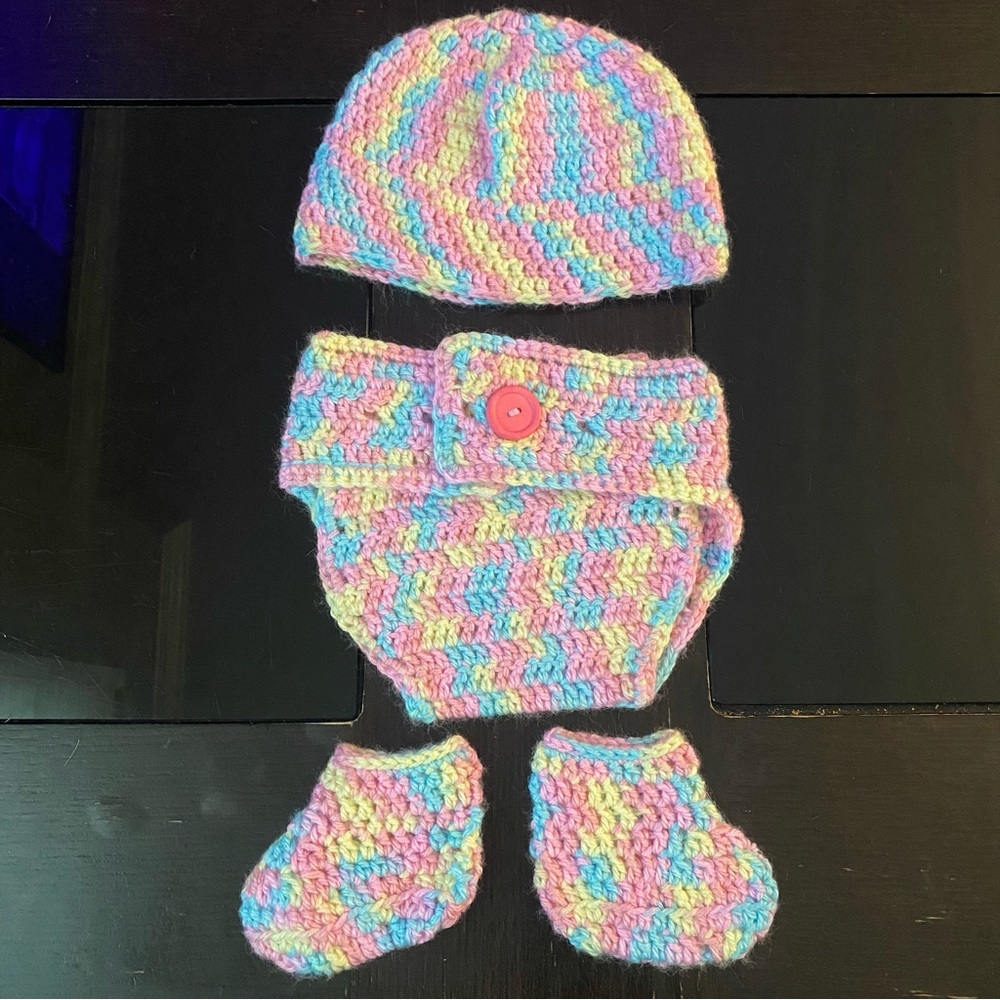 Handmade Crochet Baby Girl Hat Bootie Diaper Cover Pink Blue Yellow Cotton Candy